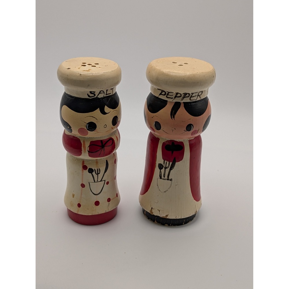 Vintage Wood Chef Salt and Pepper Shakers Pair Hand Painted Korea Figural Kitsch